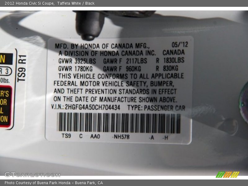 2012 Civic Si Coupe Taffeta White Color Code NH578