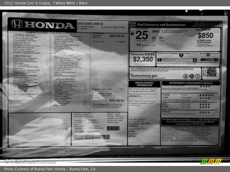 2012 Civic Si Coupe Window Sticker