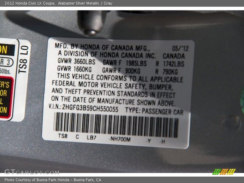 Alabaster Silver Metallic / Gray 2012 Honda Civic LX Coupe