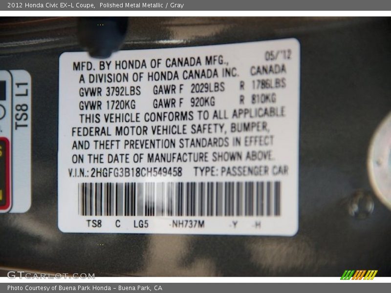 Polished Metal Metallic / Gray 2012 Honda Civic EX-L Coupe