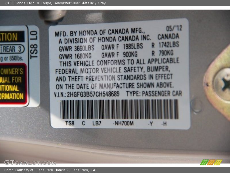 Alabaster Silver Metallic / Gray 2012 Honda Civic LX Coupe