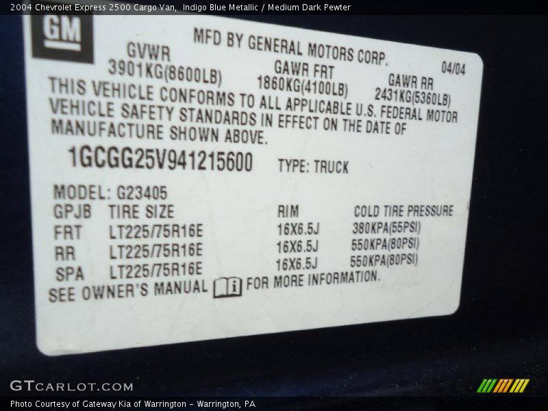 Info Tag of 2004 Express 2500 Cargo Van