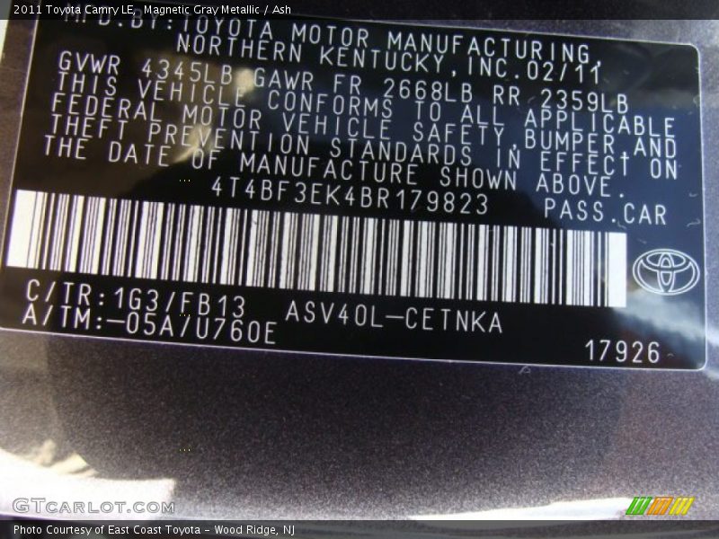 Magnetic Gray Metallic / Ash 2011 Toyota Camry LE