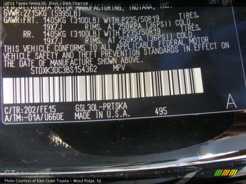 Black / Dark Charcoal 2011 Toyota Sienna SE