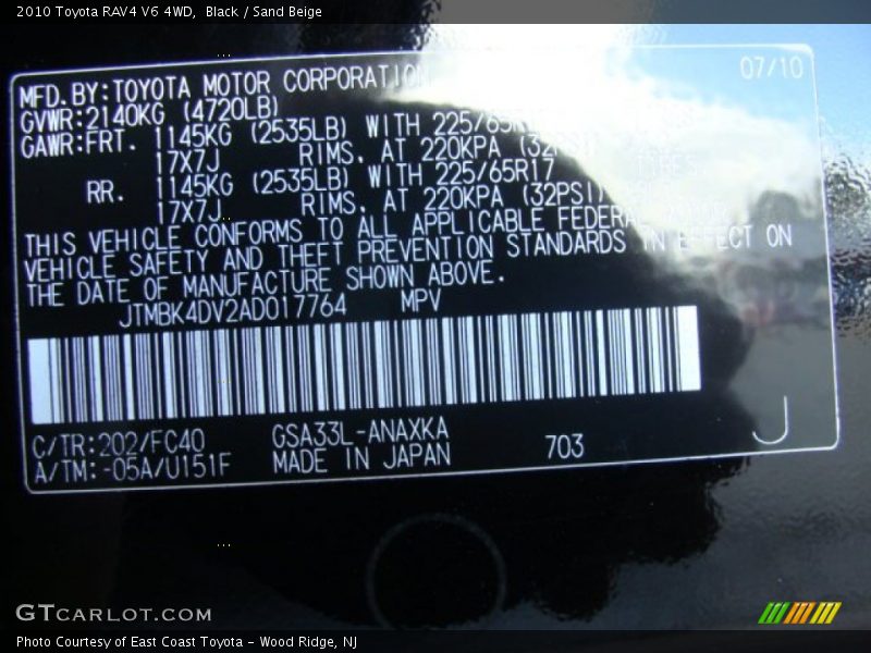 Black / Sand Beige 2010 Toyota RAV4 V6 4WD