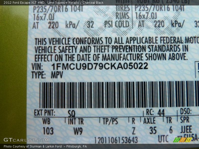 2012 Escape XLT 4WD Lime Squeeze Metallic Color Code SQ