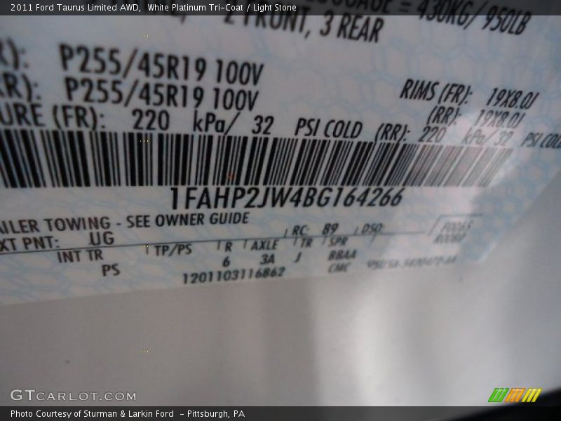 2011 Taurus Limited AWD White Platinum Tri-Coat Color Code UG
