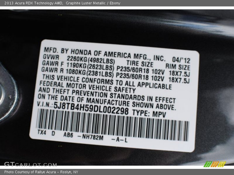 2013 RDX Technology AWD Graphite Luster Metallic Color Code NH782M