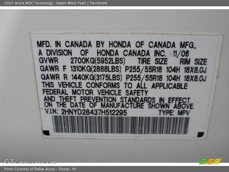 Aspen White Pearl / Parchment 2007 Acura MDX Technology
