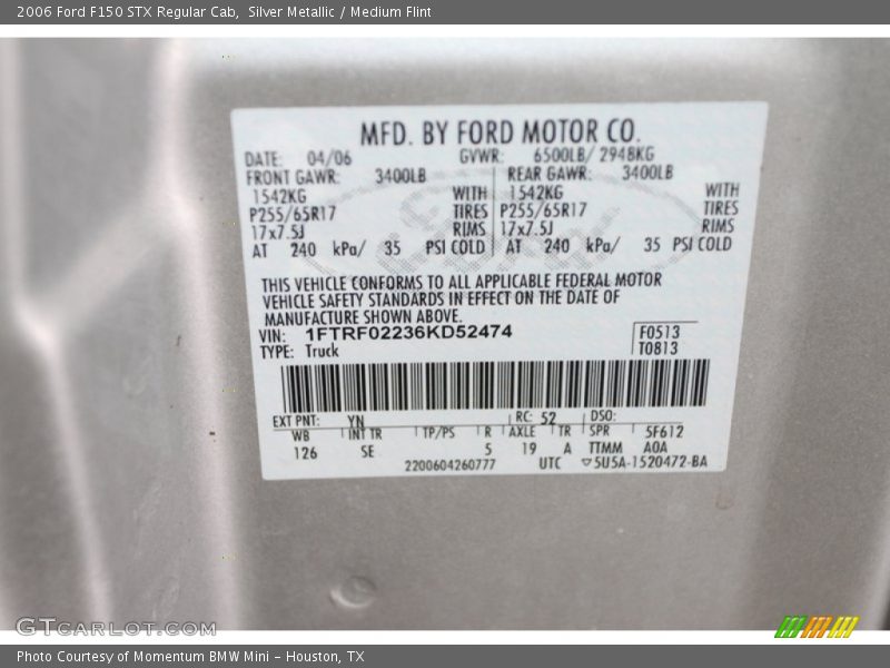 2006 F150 STX Regular Cab Silver Metallic Color Code YN