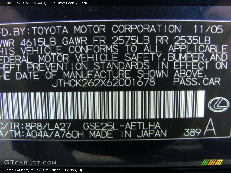Blue Onyx Pearl / Black 2006 Lexus IS 250 AWD