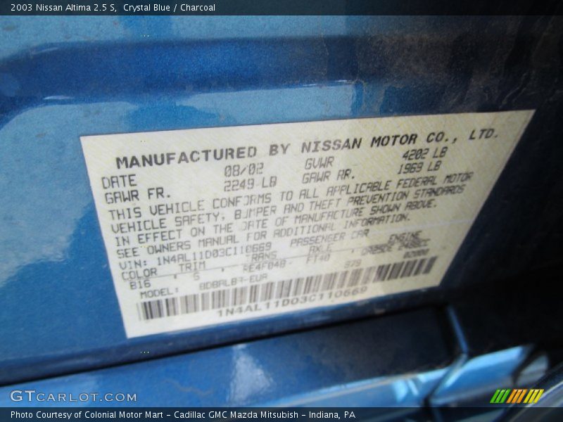 Crystal Blue / Charcoal 2003 Nissan Altima 2.5 S
