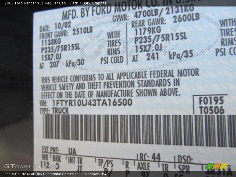 Black / Dark Graphite 2003 Ford Ranger XLT Regular Cab