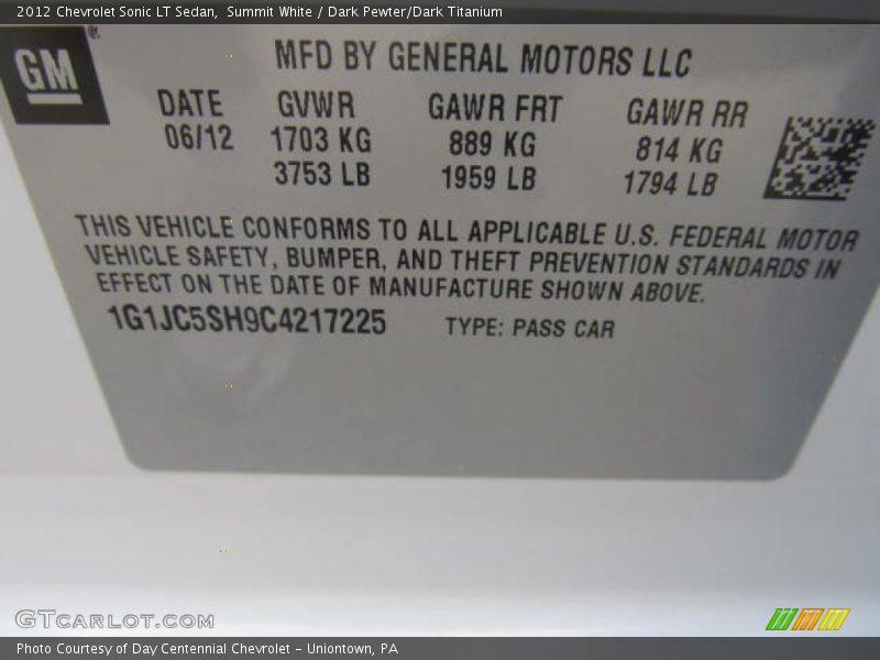 Summit White / Dark Pewter/Dark Titanium 2012 Chevrolet Sonic LT Sedan