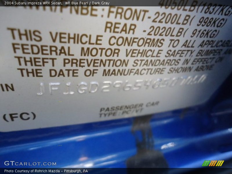 WR Blue Pearl / Dark Gray 2004 Subaru Impreza WRX Sedan