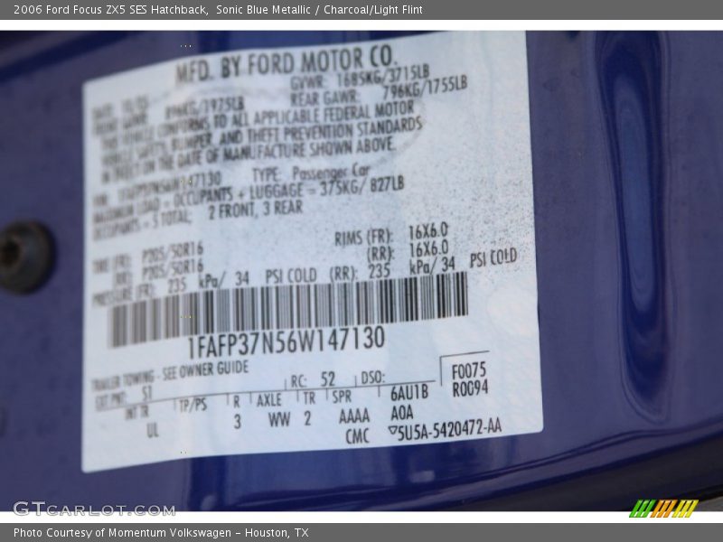 Sonic Blue Metallic / Charcoal/Light Flint 2006 Ford Focus ZX5 SES Hatchback