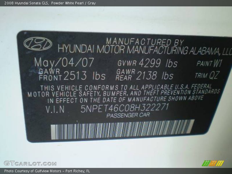 Powder White Pearl / Gray 2008 Hyundai Sonata GLS
