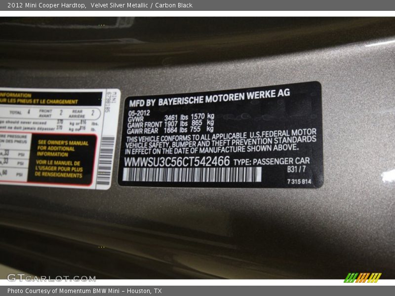 2012 Cooper Hardtop Velvet Silver Metallic Color Code B31