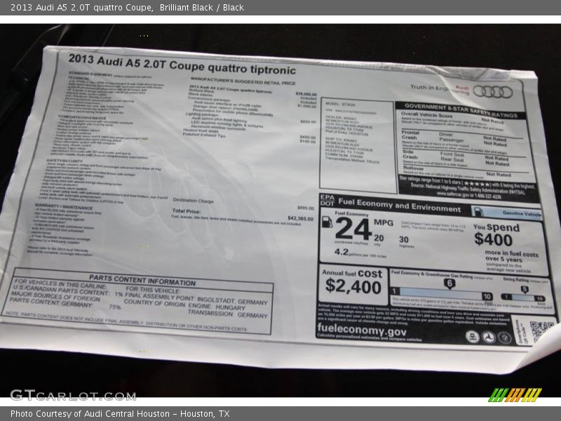  2013 A5 2.0T quattro Coupe Window Sticker