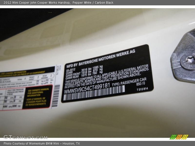 2012 Cooper John Cooper Works Hardtop Pepper White Color Code B50