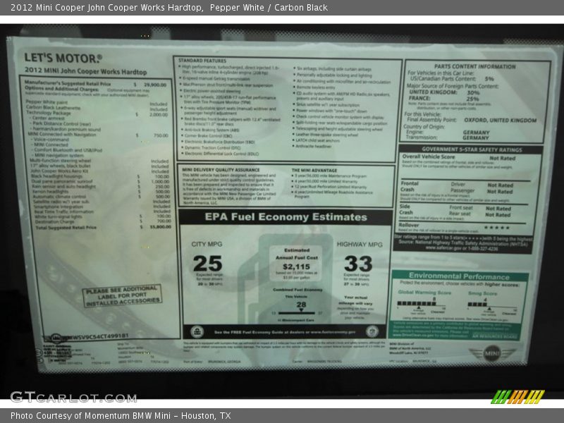  2012 Cooper John Cooper Works Hardtop Window Sticker