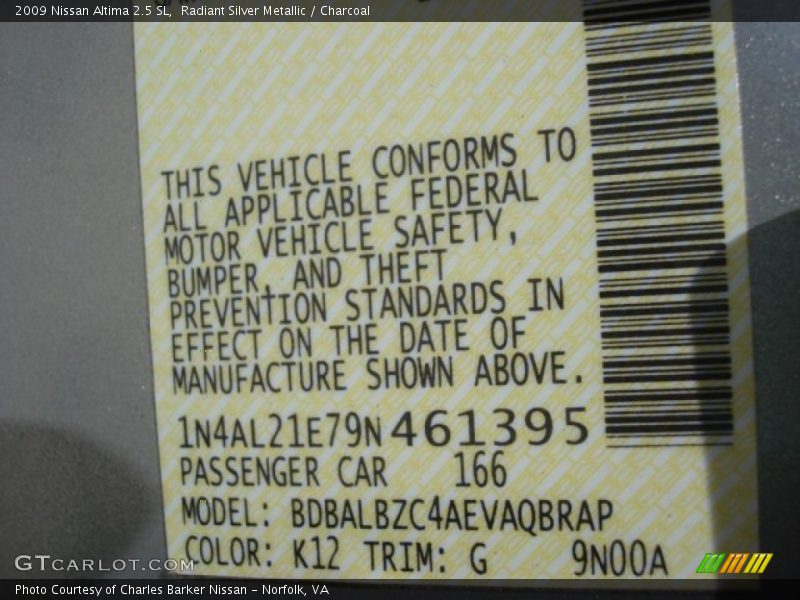 Radiant Silver Metallic / Charcoal 2009 Nissan Altima 2.5 SL