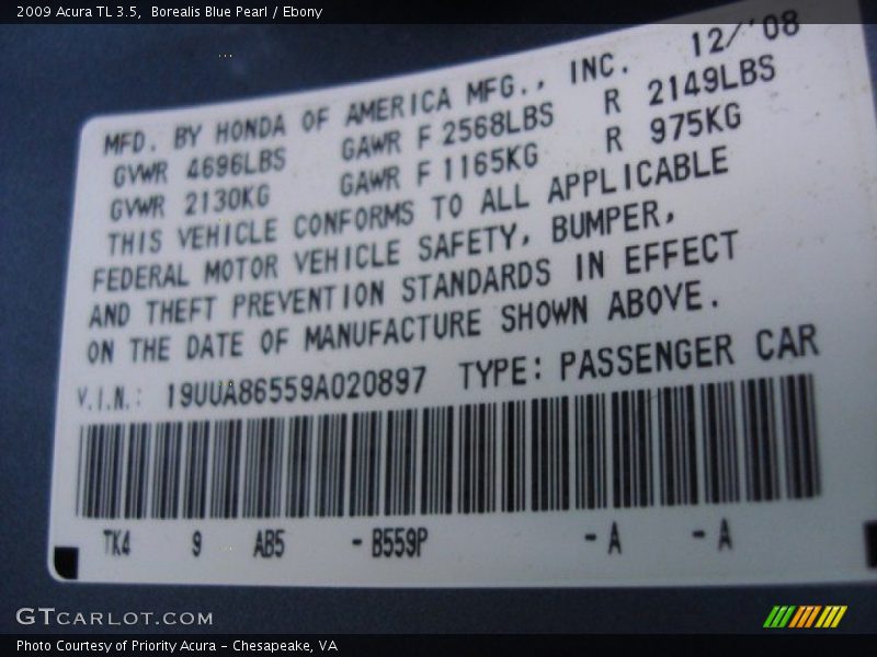 2009 TL 3.5 Borealis Blue Pearl Color Code B559P