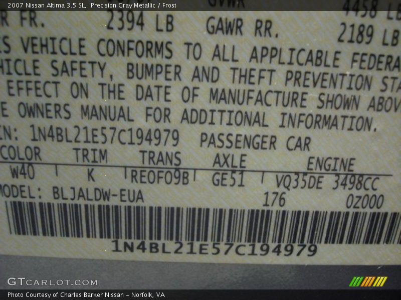 Precision Gray Metallic / Frost 2007 Nissan Altima 3.5 SL