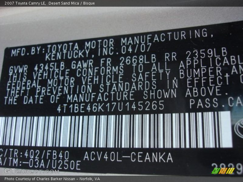 Desert Sand Mica / Bisque 2007 Toyota Camry LE