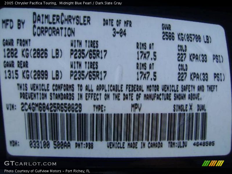 Midnight Blue Pearl / Dark Slate Gray 2005 Chrysler Pacifica Touring