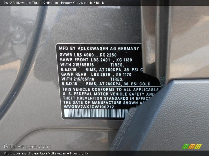 Pepper Gray Metallic / Black 2012 Volkswagen Tiguan S 4Motion