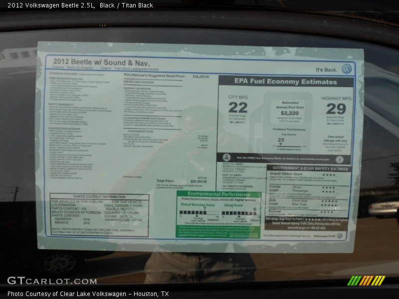  2012 Beetle 2.5L Window Sticker