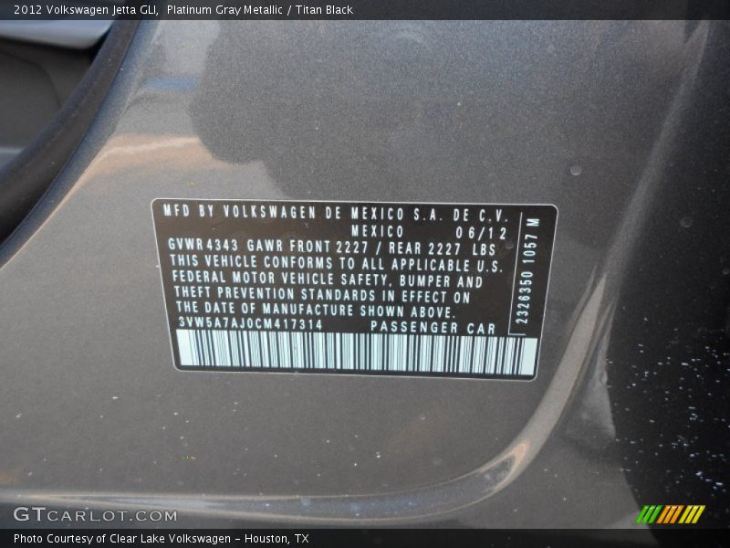 Platinum Gray Metallic / Titan Black 2012 Volkswagen Jetta GLI