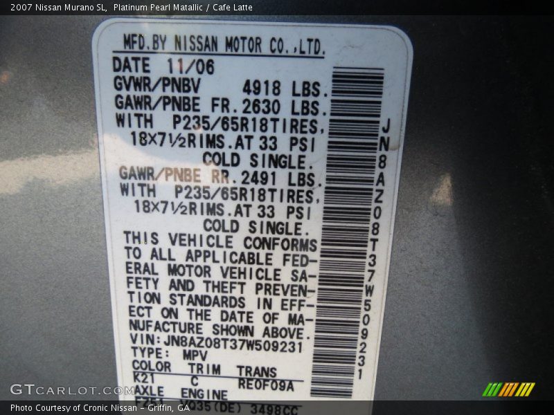 Platinum Pearl Matallic / Cafe Latte 2007 Nissan Murano SL