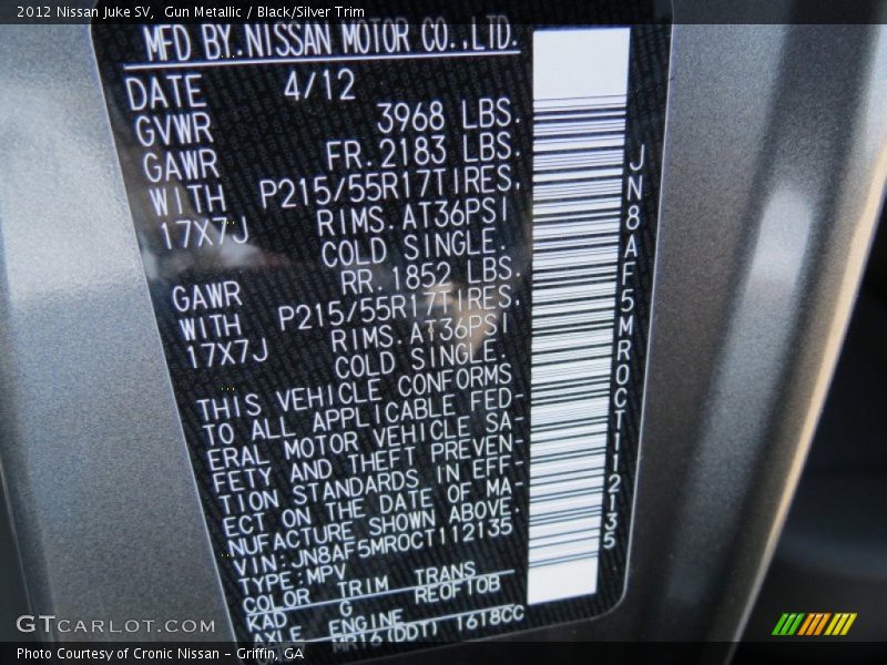 Gun Metallic / Black/Silver Trim 2012 Nissan Juke SV