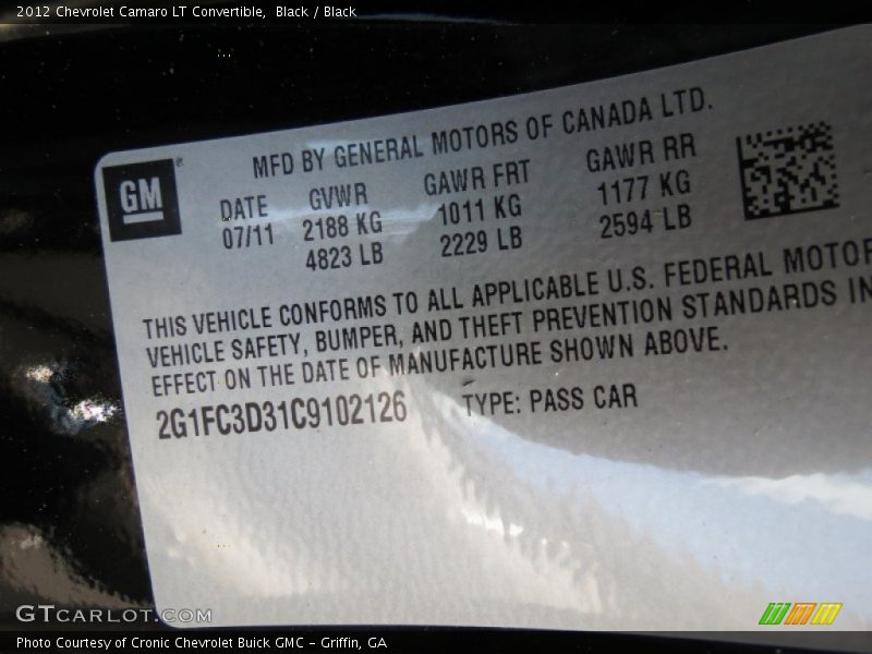 Black / Black 2012 Chevrolet Camaro LT Convertible