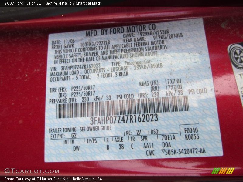 Redfire Metallic / Charcoal Black 2007 Ford Fusion SE