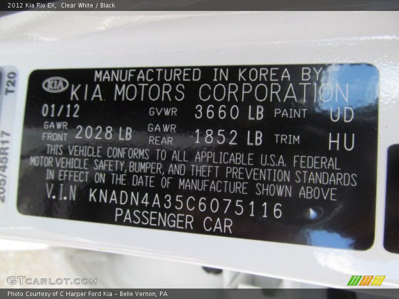 2012 Rio EX Clear White Color Code UD