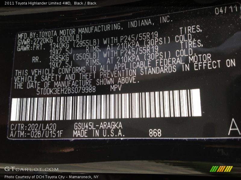 Black / Black 2011 Toyota Highlander Limited 4WD