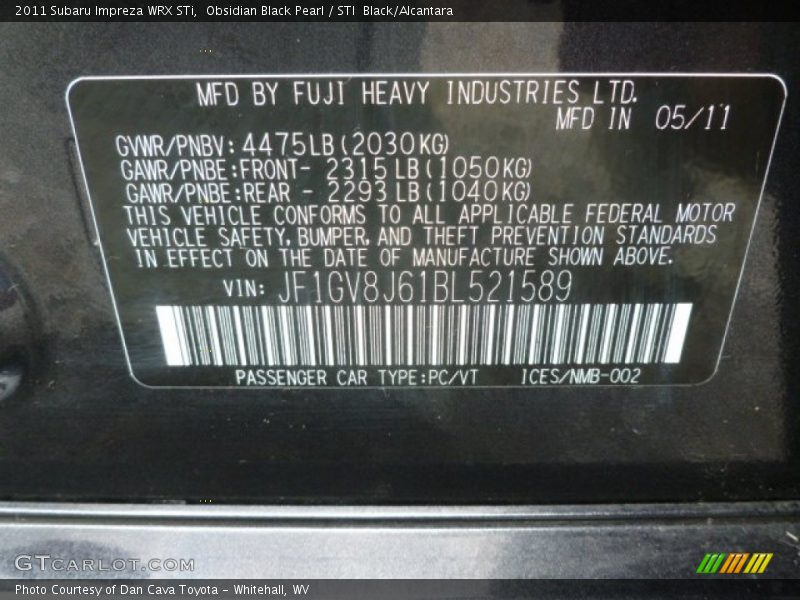 Obsidian Black Pearl / STI  Black/Alcantara 2011 Subaru Impreza WRX STi
