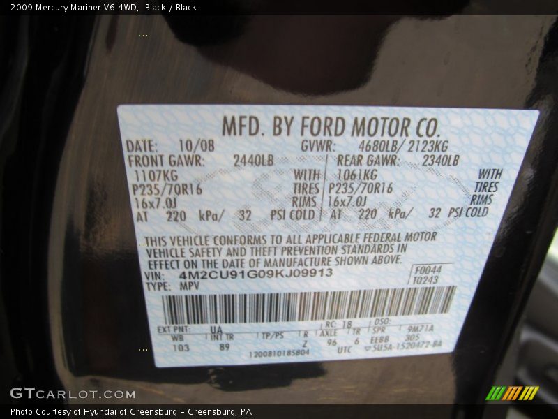 Black / Black 2009 Mercury Mariner V6 4WD