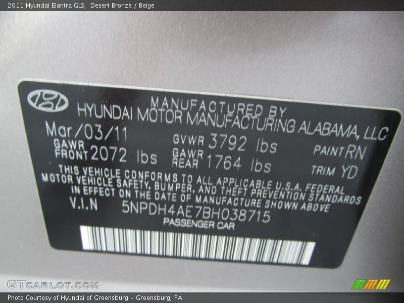 Desert Bronze / Beige 2011 Hyundai Elantra GLS