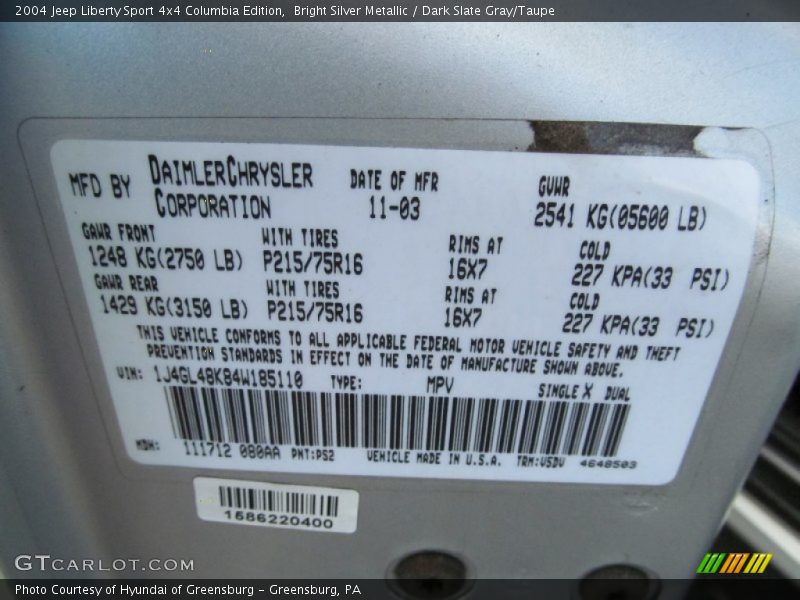 Bright Silver Metallic / Dark Slate Gray/Taupe 2004 Jeep Liberty Sport 4x4 Columbia Edition