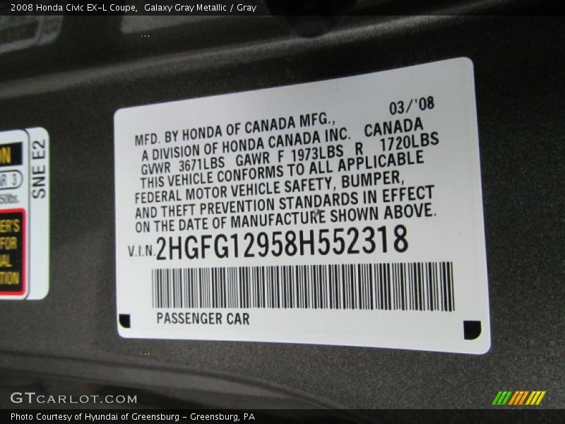 Galaxy Gray Metallic / Gray 2008 Honda Civic EX-L Coupe
