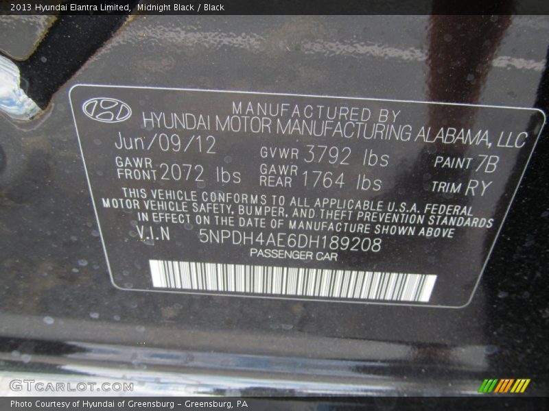 Midnight Black / Black 2013 Hyundai Elantra Limited