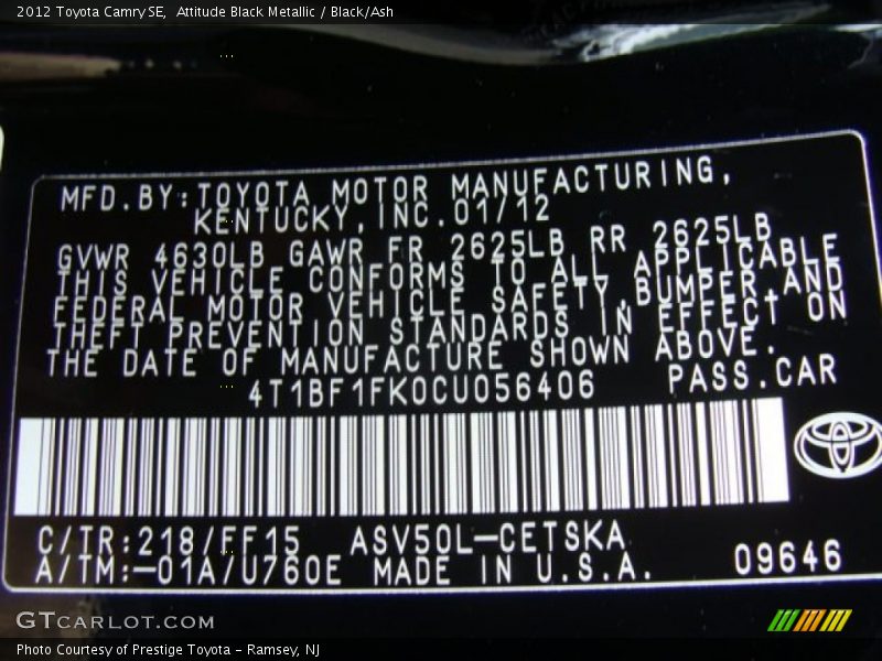 Attitude Black Metallic / Black/Ash 2012 Toyota Camry SE