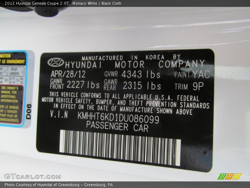 2013 Genesis Coupe 2.0T Monaco White Color Code YAC