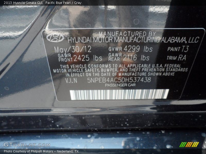Pacific Blue Pearl / Gray 2013 Hyundai Sonata GLS