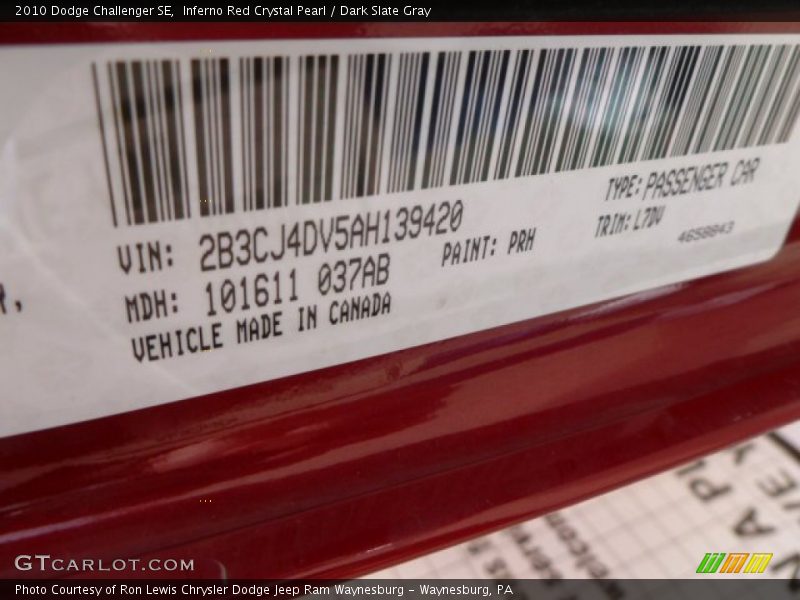 Inferno Red Crystal Pearl / Dark Slate Gray 2010 Dodge Challenger SE