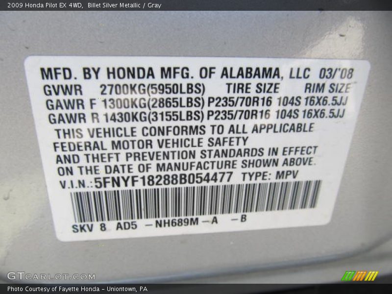 Billet Silver Metallic / Gray 2009 Honda Pilot EX 4WD